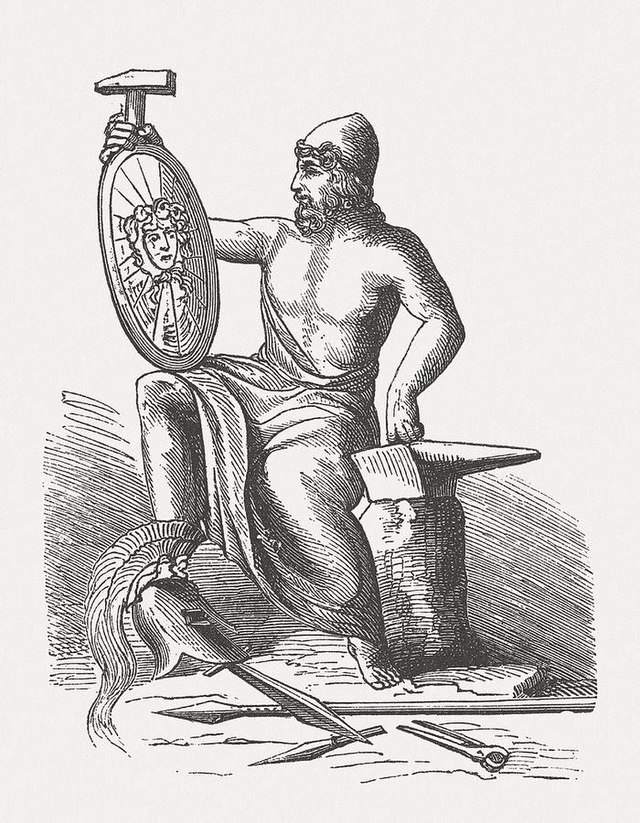 Woodcut of Hephaestus. A bearded man wearing a long waist wrap sits on an anvil, propping a shield against his raised leg with a hand holding a hammer.